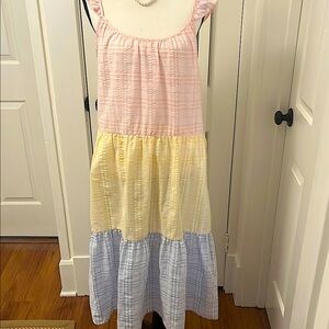 Gingham Plaid Seersucker Cotton Blend Sundress MIDI Pink Blue Yellow Full Lining
